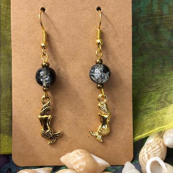 Hand Crafted Jewelry - 🏆Mermaid Golden Hook Earrings Black, Bronze Beads